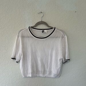 Y2K H&M White Mesh Crop Top with Black Trim, Sporty See-Thru Tee Size M